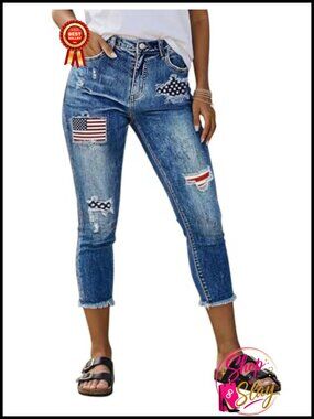 Skinny Mid Rise Capri Jeans Ripped Raw Hem Cotton Blend